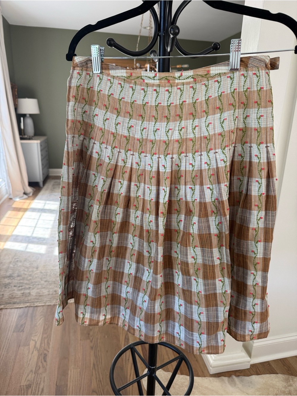 Free People Tan and White Plaid Pleated Skirt with Floral Embroidery
